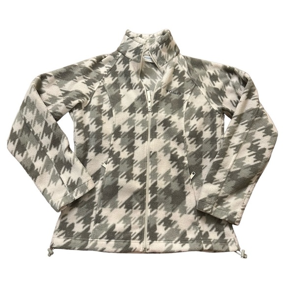 Columbia Fleece Sweater Jacket Full Zip Gray & White Houndstooth Print Small - Picture 1 of 5